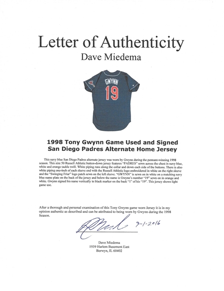 1998 Tony Gwynn Game Worn, Signed San Diego Padres Jersey