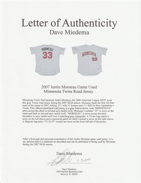 Lot Detail - 2007 Justin Morneau Game Worn Minnesota Twins Home
