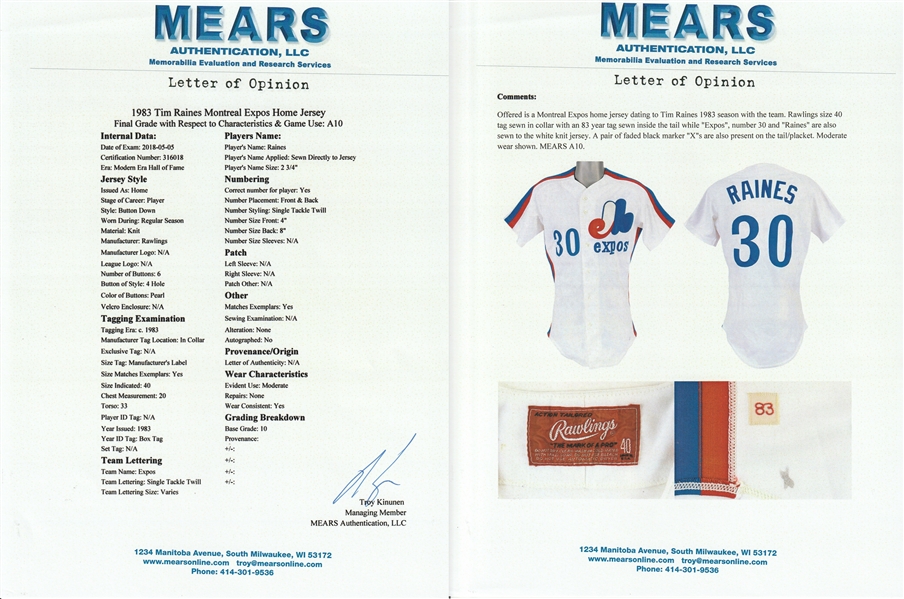 Lot Detail - 1990 Tim Raines Montreal Expos Game Worn Home Jersey (MEARS  A10)