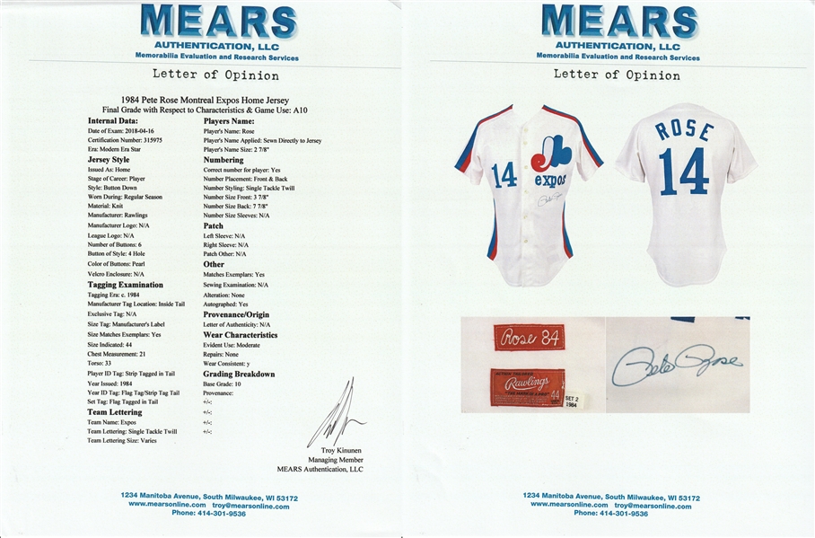 Lot Detail - 1984 Pete Rose Game Used & Signed Montreal Expos Home Jersey  (MEARS A10 & JSA)