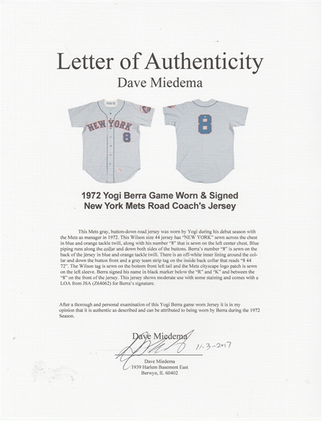 Lot Detail - 1972 Yogi Berra Game Worn & Signed New York Mets Road Coach's  Jersey (JSA)