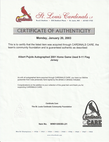 2003 Albert Pujols Game Worn St. Louis Cardinals Jersey 
