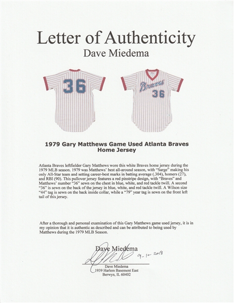 Lot Detail - 1979 Gary Matthews Game Used Atlanta Braves Home Jersey
