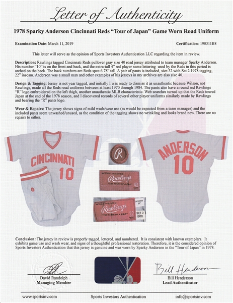Lot Detail - 1978 Sparky Anderson Game Used Cincinnati Reds Road Uniform -  Jersey & Pants From The Postseason Tour of Japan (Sports Investors  Authentication)