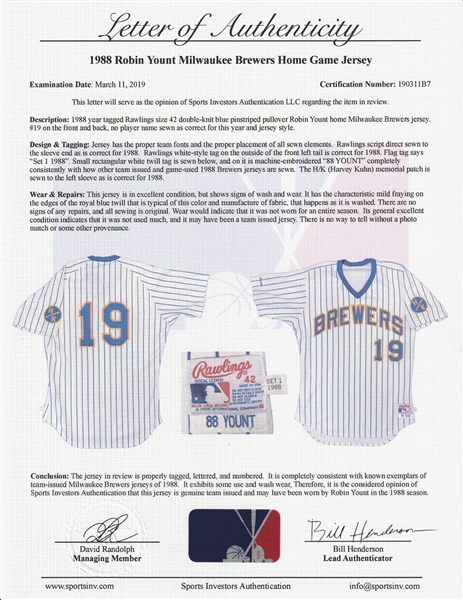 Lot Detail - 1992 Robin Yount Milwaukee Brewers Game-Used Road Jersey