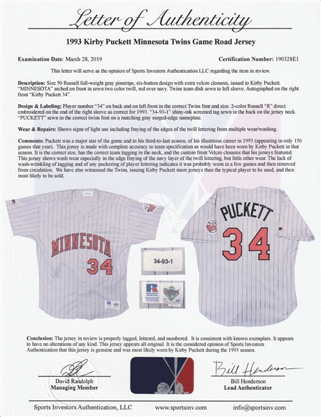 KIRBY PUCKETT Signed Minnesota Twins Baseball Jersey -PSA Authenticated