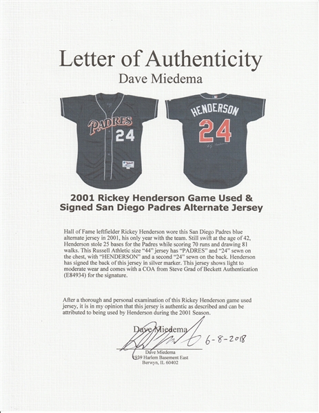 Lot Detail - 2001 Rickey Henderson Game Used & Signed San Diego Padres  Alternate Jersey (Beckett)