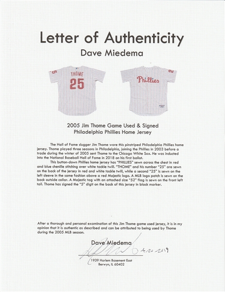 Lot Detail - 2005 Jim Thome Game Used & Signed Philadelphia