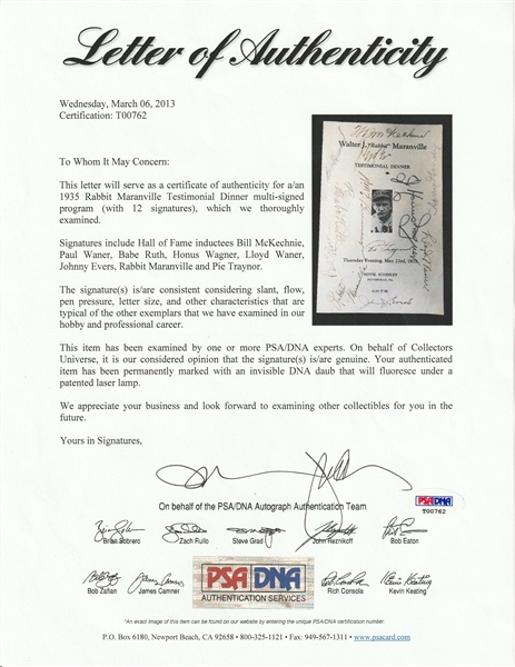 Babe Ruth Signed Baseball 1935 Boston Braves Rabbit Maranville JSA Certified