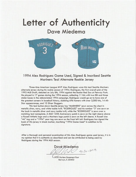 Alex Rodriguez Signed Game Used Rookie 1996 Seattle Mariners Jersey JS —  Showpieces Sports