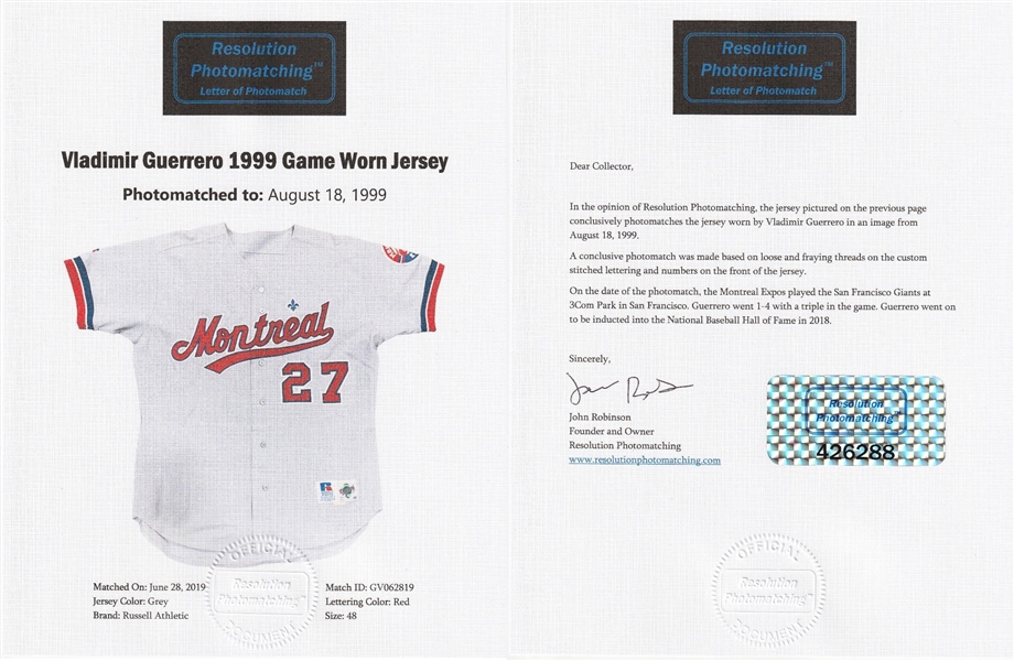 Lot Detail - 1999 Vladimir Guerrero Game Used Montreal Expos Road Jersey  Photo Matched To 8/18/1999 (Resolution Photomatching)