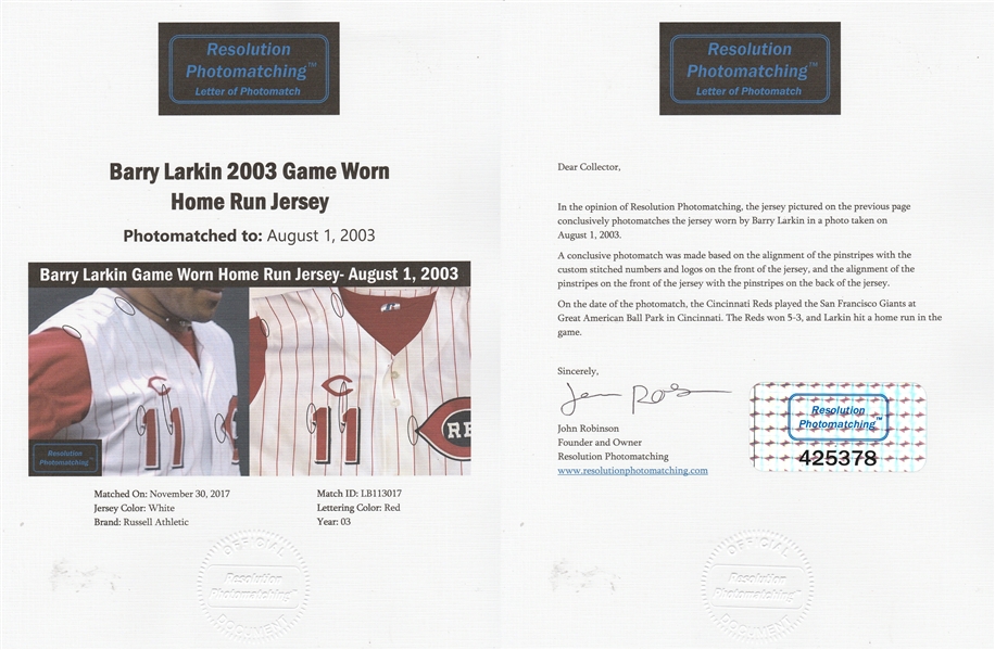 Lot Detail - 2000 Barry Larkin Game Used and Signed Reds Turn