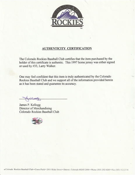 Larry Walker Signed 1997 NL MVP Colorado Rockies Game Model Jersey J —  Showpieces Sports