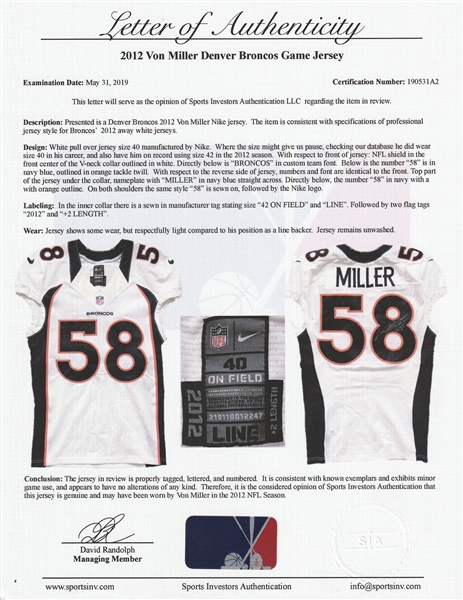 Lot Detail - 2012 Von Miller Game Used & Signed Denver Broncos Jersey  (Sports Investors Authentication, McGahee LOA & Beckett)