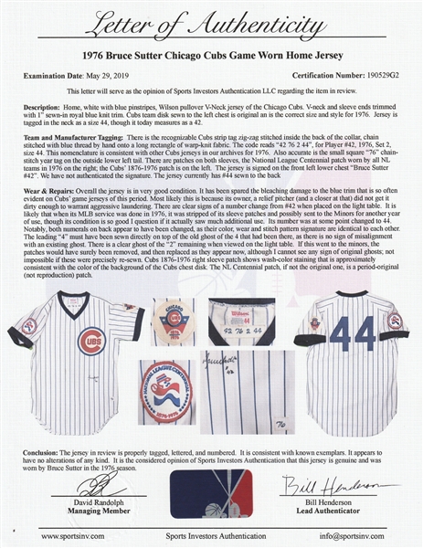 Lot Detail - 1976 Bruce Sutter Rookie Season Game Used & Signed Chicago Cubs  Home Jersey (Sports Investors Authentication & Beckett)
