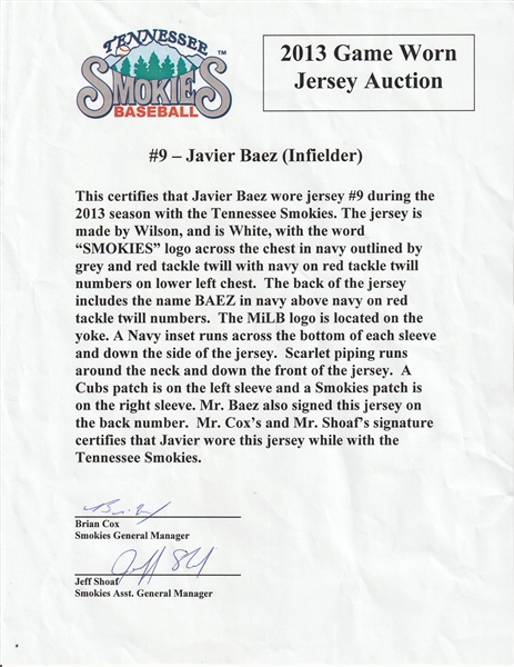 Javier Baez Autographed Game Used 2013 Knoxville Giants Baseball Jersey -  Tennessee Smokies