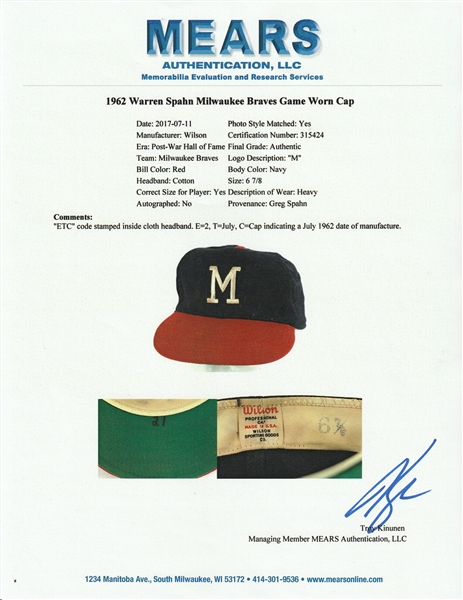Warren Spahn signed Milwaukee Braves Cooperstown baseball hat auto