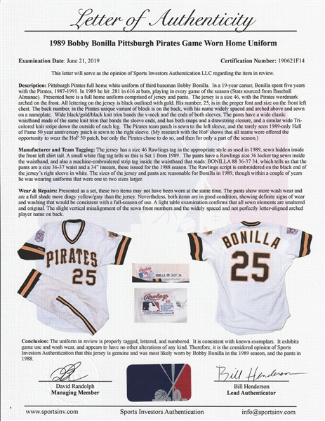 Lot Detail - 1989 Bobby Bonilla Game Used Pittsburgh Pirates Home Uniform:  Jersey & Pants (Sports Investors Authentication)