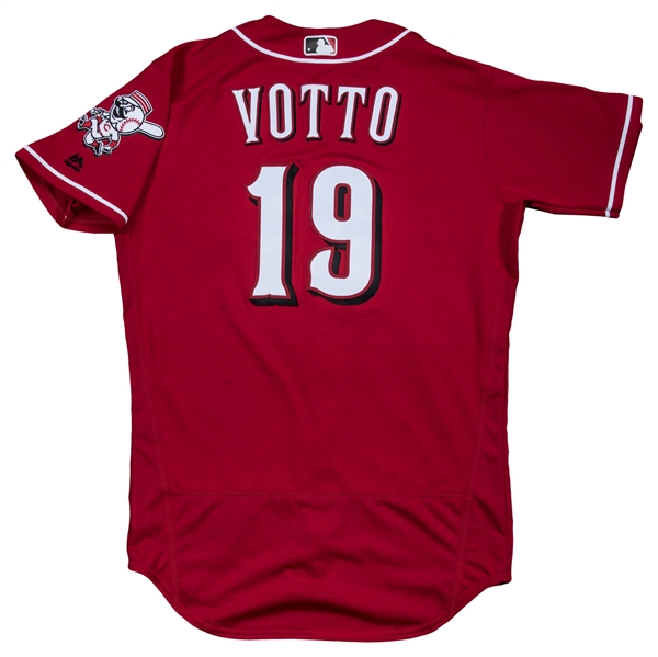 The Mr. Redlegs logo is seen on the jersey of Joey Votto during a