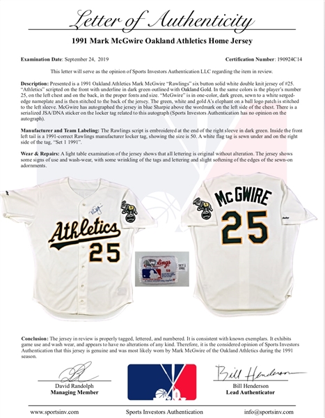 Lot Detail - 1991 Mark McGwire Game Used & Signed Oakland A's Home