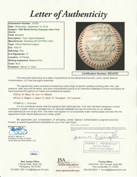 1954 New York Giants World Series Champions Vintage ONL Baseball Team-Signed  by (30) with Monte Irvin, Willie Mays, Hoyt Wilhelm (JSA LOA)
