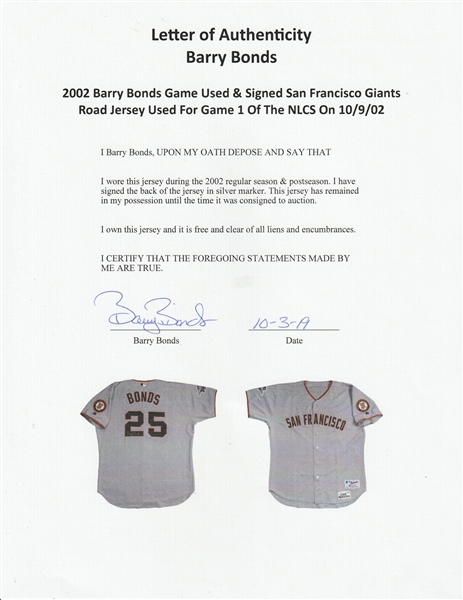 2002 Upper Deck - Signed Game-Used Jerseys Gold #J-BB Barry Bonds