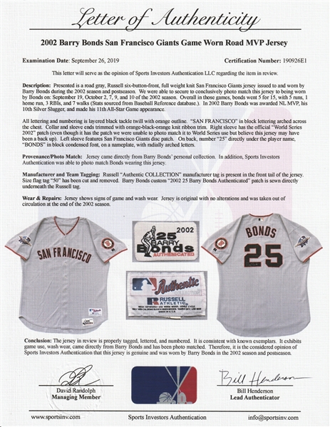 Lot Detail - 2002 Barry Bonds San Francisco Giants Game-Used