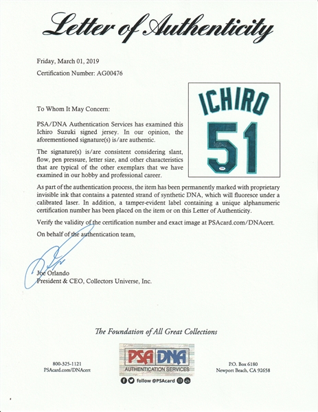 Lot Detail - Ichiro Suzuki Signed Seattle Mariners Home Jersey (PSA/DNA)