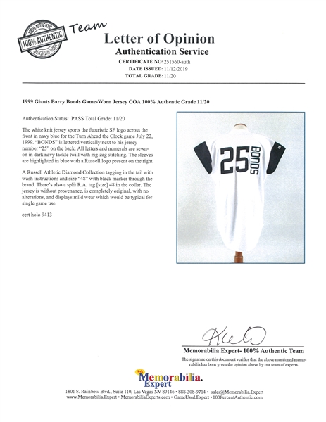 Lot Detail - 1999 Barry Bonds Game Used San Francisco Giants Turn Ahead the  Clock Jersey Used on 7/21/1999