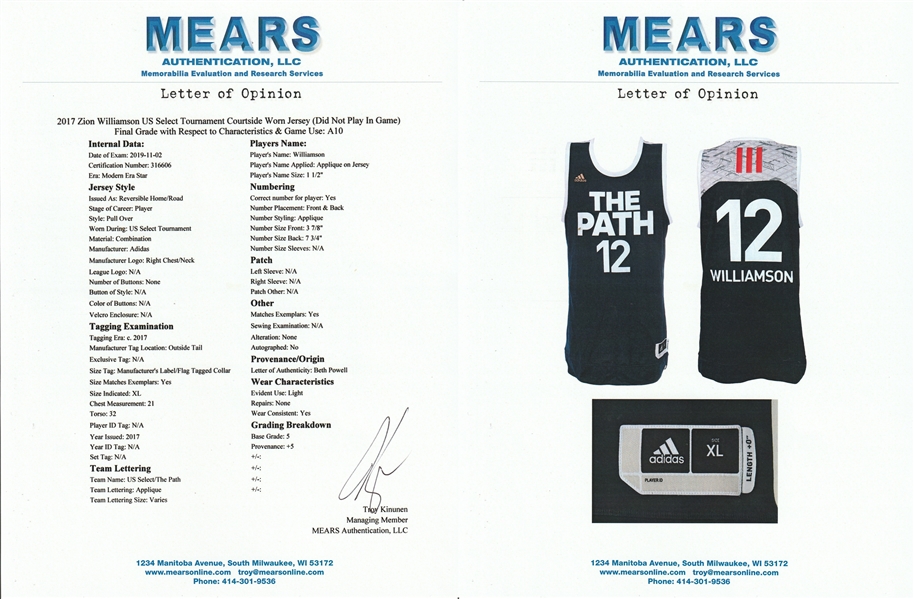 2017 Zion Williamson Game Used Team USA High School The Path Jersey  (MEARS A10), Sotheby's & Goldin Auctions Present: A Century of Champions, 2020