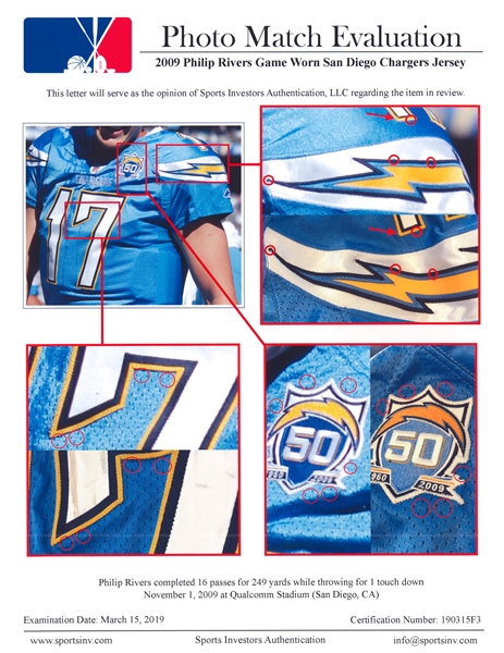 Lot Detail - 2009 Philip Rivers Game Used San Diego Chargers Home