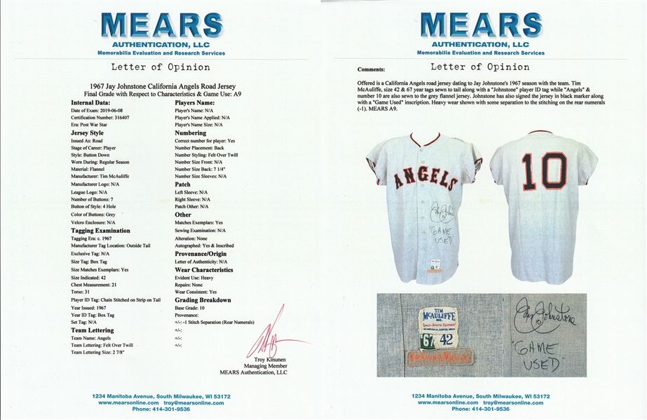 Lot Detail - 1967 Jay Johnstone Game Used & Signed California Angels Road  Jersey (MEARS A9)