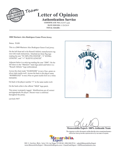 Alex Rodriguez Game-Used Seattle Mariners Russell Athletic Jersey (Mears  LOA)