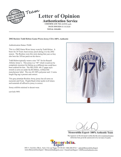 Lot Detail - 2002 Todd Helton Game Used & Signed Colorado Rockies Jersey  (Beckett)