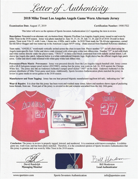 Lot Detail - 2018 Mike Trout Game Used Los Angeles Angels Red Alternate  Jersey Photo Matched To 7 Games & 1 Home Run (MLB Authenticated, Anderson  Authentics & Sports Investors Authentication)