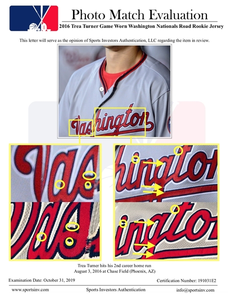 Lot Detail - 2016 Trea Turner Rookie Game Used & Photo Matched Washington  Nationals Road Jersey Used For 3 Home Runs (Sports Investors Authentication)