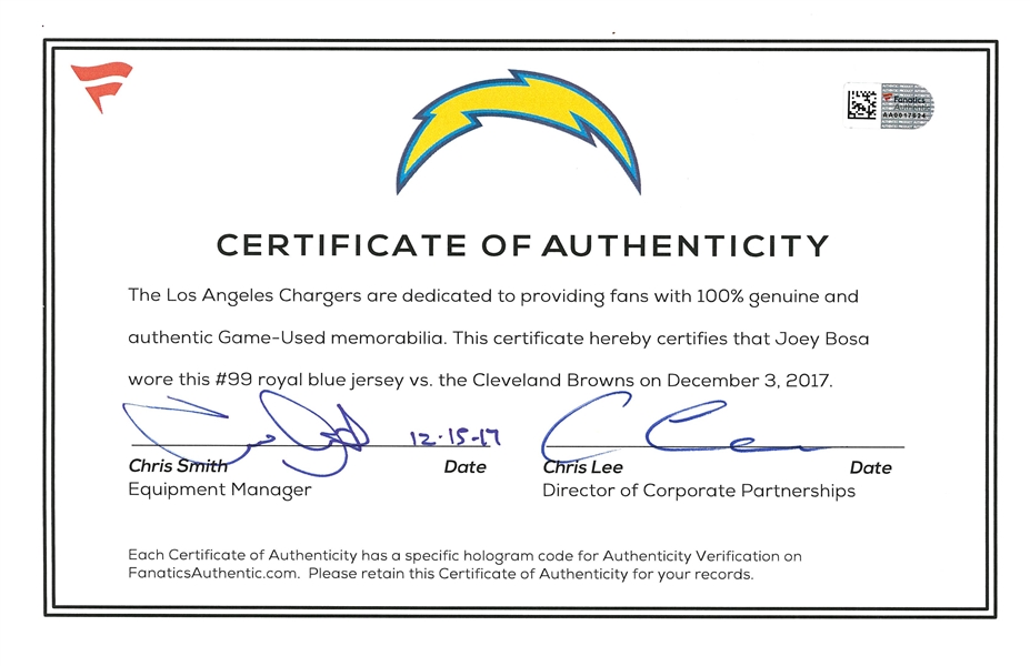 Charitybuzz: Joey Bosa Los Angeles Chargers Game-Used Jersey vs. Rams on  January 1, 2023