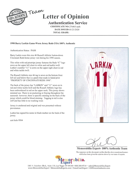 Lot Detail - 2003 Barry Larkin Game Used & Signed Cincinnati Reds Home  Jersey Vest Photo Matched To 8/1/03 For Career Home Run #190 With Pants  (Resolution Photomatching & Beckett)