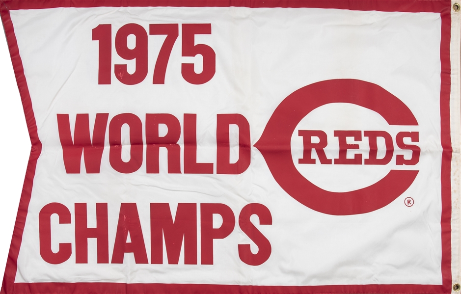 Lot Detail - 1975 Cincinnati Reds World Series Champions Flag 47 x 29.5  Hung in Riverfront Stadium with Triple Signed 1956 Sports Illustrated (JSA)