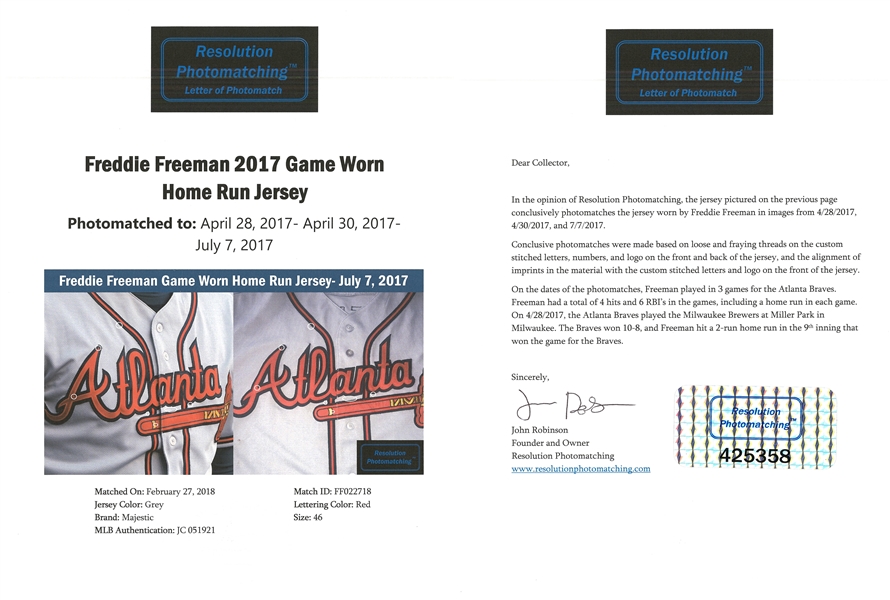Freddie Freeman Autographed Game Used Ivory Jersey - Worn 8/13/18