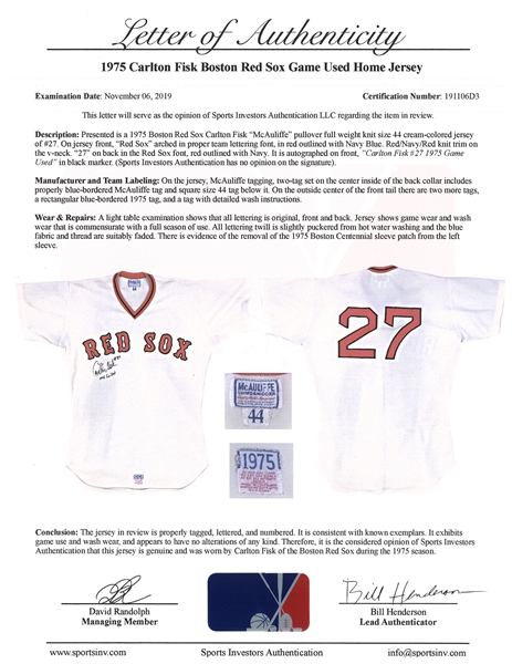 1975 Carlton Fisk Signed Game Worn Boston Red Sox Jersey