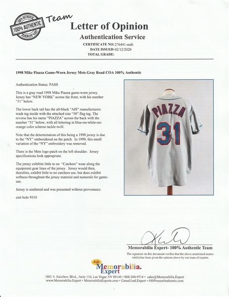 Lot Detail - 1998 Mike Piazza Game Used New York Mets Road Jersey