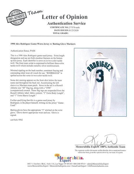 1998 Alex Rodriguez Game Worn Seattle Mariners Uniform with Two, Lot  #81515