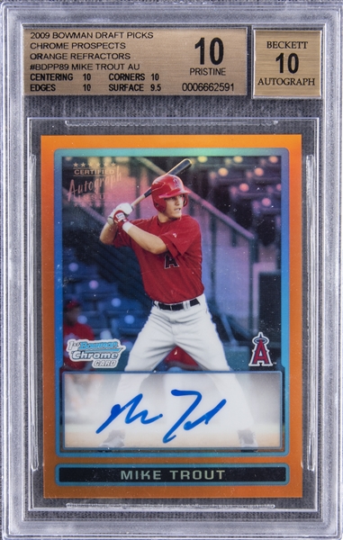 2009 Bowman Chrome Draft Prospects #BDPP89 Mike Trout (Orange Refractor) Signed Rookie Card (#16/25) – BGS PRISTINE 10/BGS 10 "1 of 1!" – The Hobbys Highest-Graded Example!