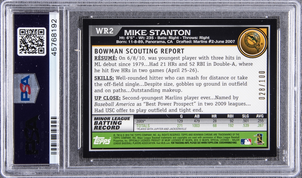 Mike Stanton Rookie Card 2010 Bowman Sterling #17 PSA 8