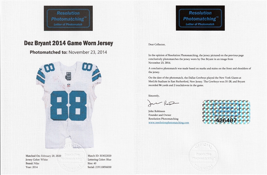Lot Detail - 2014 Dez Bryant Game Used Dallas Cowboys White Jersey Photo  Matched To 11/23/2014 (Resolution Photomatching)