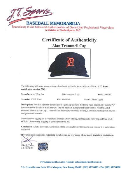 1980's Alan Trammell Signed Game Issued Detroit Tigers Hat With JSA Sticker  - Autographed Hats at 's Sports Collectibles Store