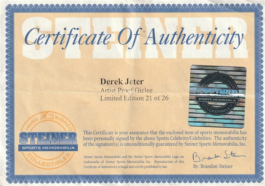 Lot Detail - Derek Jeter Signed Danny Day 27x37 Artist Proof Litho /26  With AS WS MVP Inscription (Steiner)