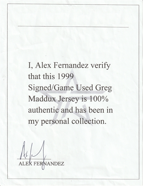 Lot Detail - 1999 Greg Maddux Game Used and Signed Atlanta Braves Road  Jersey (Sports Investors Authentication, Beckett GEM MT 10 & Alex Fernandez  LOA)