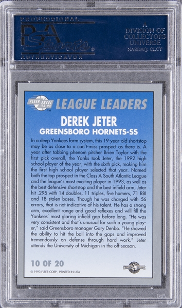 お待たせ! トレーディングカード 1993 FLEER EXCEL DEREK JETER LEAGUE LEADERS CARD 10 MINT  PSA YANKEES HOF 1993年フリーーエクセルデレクジエターリーグリーダーカード＃10ミントPSA 9ヤンキースホフ 